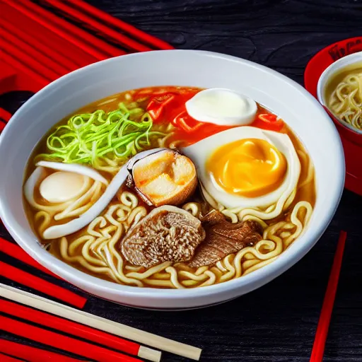 Image similar to dairy queen style ramen. photography. food photoshoot. advertisment photography. 4 k. realistic.