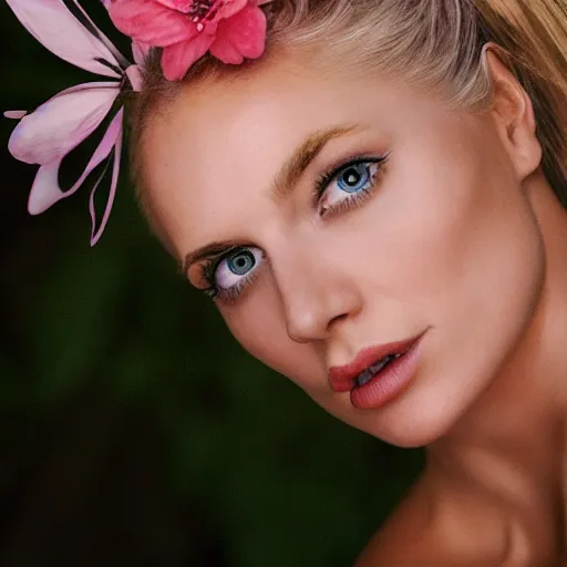 Image similar to vintage photograph of an olive skinned blonde female model in her twenties, her hair pinned up with a pink flower, wearing a designer top, looking content, focused on her neck, photo realistic, extreme detail skin, natural beauty, no filter, slr, golden hour, 8 k, high definition, selfie