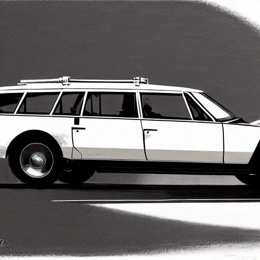 Image similar to concept art for a station wagon covered in mounted guns, painted by syd mead, high quality