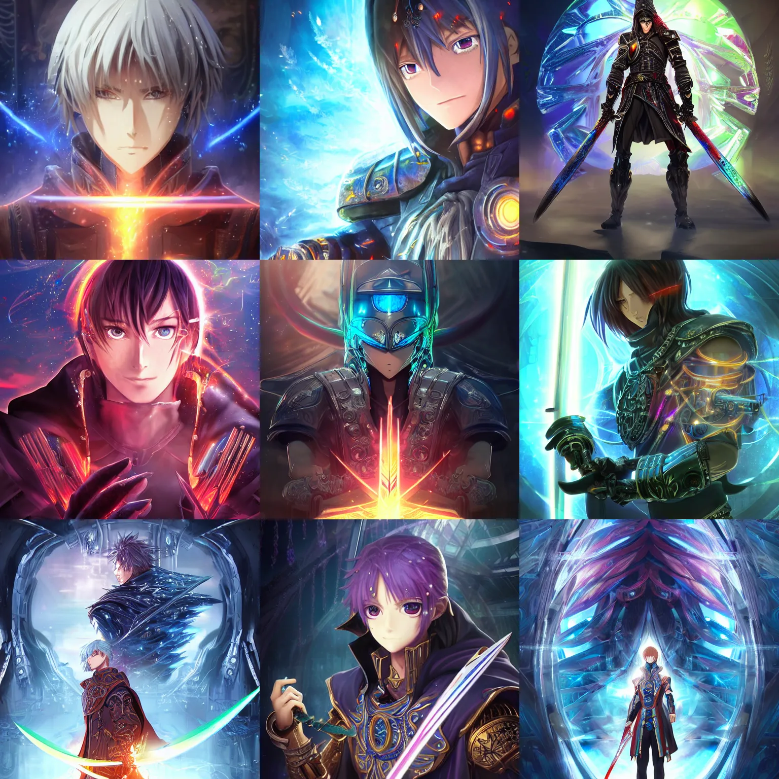 Prompt: 2. 5 d cgi anime fantasy portrait artwork of a hooded intricate cybernetic sorcerer warrior character with high quality glistening beautiful colors, rich moody atmosphere, reflections, specular highlights, omnipotent, realistic detailed background, brandishing iridescent cosmic sword, colourful 3 d crystals and gems, portrait by makoto shinkai and greg rutkowski