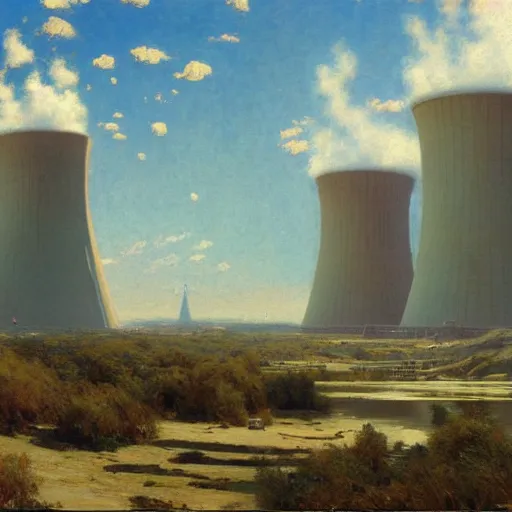 Image similar to detailed cinematic wide shot of giant world nuclear power plant, ultra realistic, spring light, painting by gaston bussiere, craig mullins, j. c. leyendecker