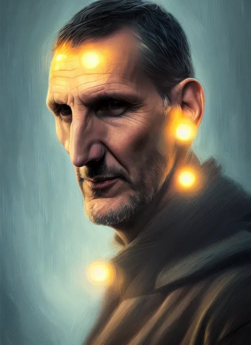 Image similar to stylized portrait of christopher eccleston, intricate, elegant, glowing lights, highly detailed, digital painting, artstation, concept art, smooth, sharp focus, illustration, art by wlop, mars ravelo and greg rutkowski