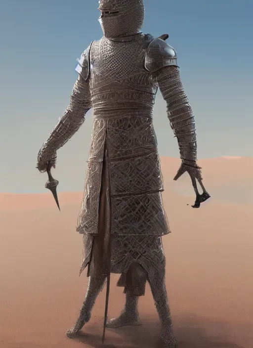 Prompt: a knight in translucent crystal armor in the desert surrounded by sand dunes, greg rutkowski, 8 k, shallow depth of field, intricate detail, concept art,