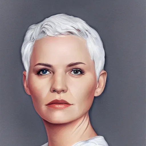 Prompt: portrait of a woman with short white hair, medium shot, illustration, highly detailed, high quality, by alex ross