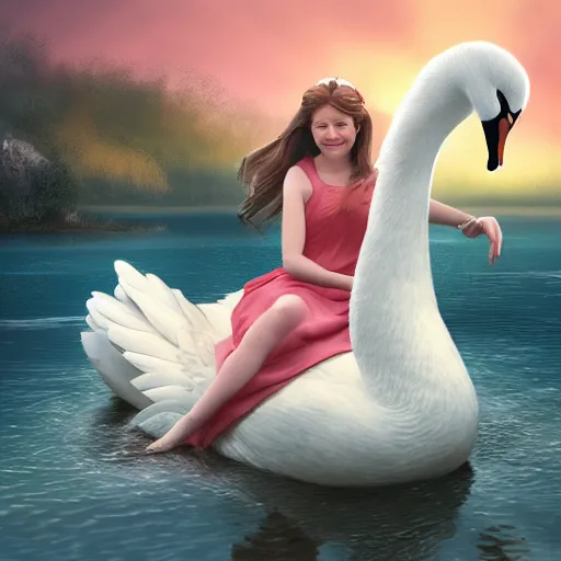 Prompt: a princess riding a giant swan in the lake, trending on artstation