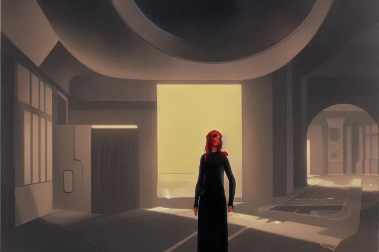 Prompt: mara jade infiltrating a black sun facility on nar shaddaa, painting by ralph mcquarrie