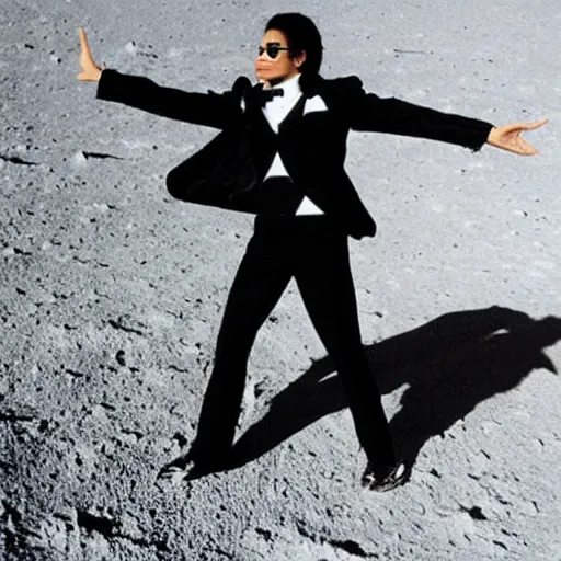 Image similar to michael jackson wearing his tuxedo and doing a moonwalk dance move on the moon