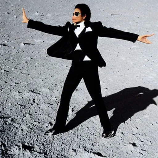 Prompt: michael jackson wearing his tuxedo and doing a moonwalk dance move on the moon