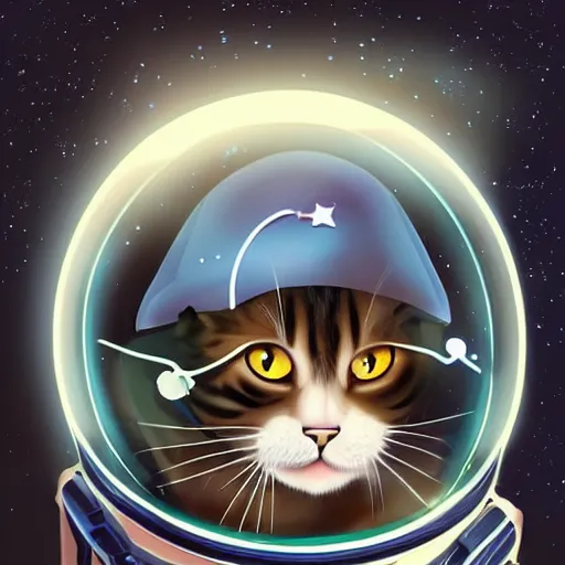 Image similar to a cute cat wearing a space helmet floating through an inter-dimensional gateway in space, dramatic lighting, cinematic, digital art