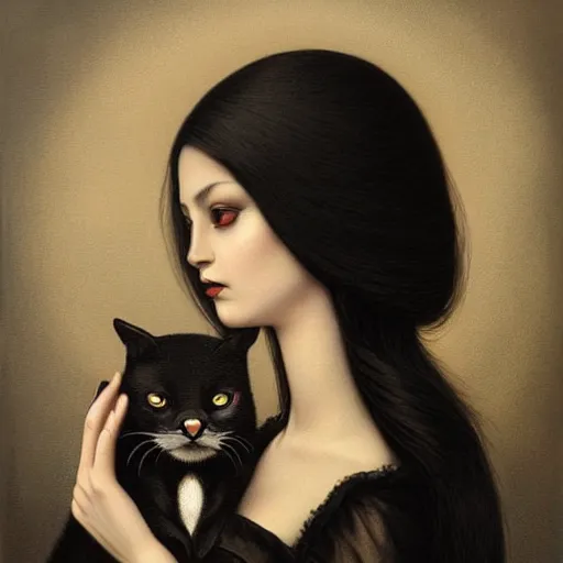 Image similar to a painting of an emo mexican woman holding a cat, a photorealistic painting by tom bagshaw and ( ( ( mark ryden ) ) ), trending on deviantart, gothic art, ilya kuvshinov, goth, storybook illustration