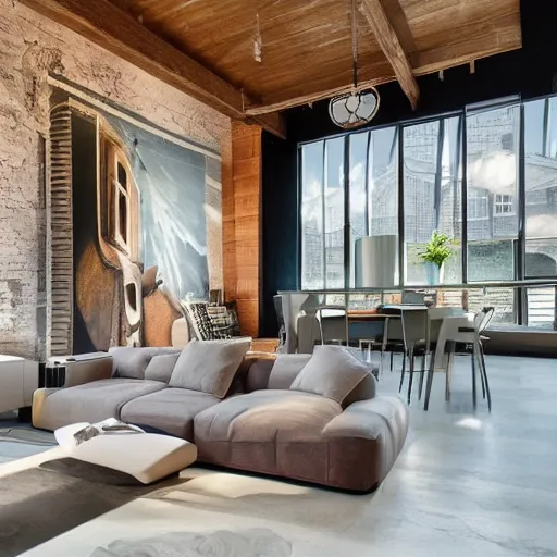 Prompt: mural on the wall of a contemporary loft, gorgeous architecture, popular interior design style