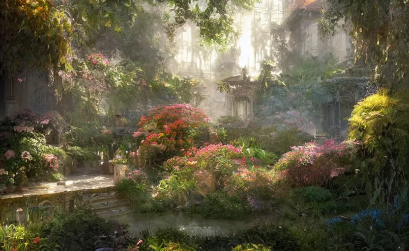 Image similar to Beautiful garden, next to a haven and a mystical palace, intricate, elegant, volumetric lighting, digital painting, highly detailed, artstation, sharp focus, illustration, concept art, ruan jia, steve mccurry