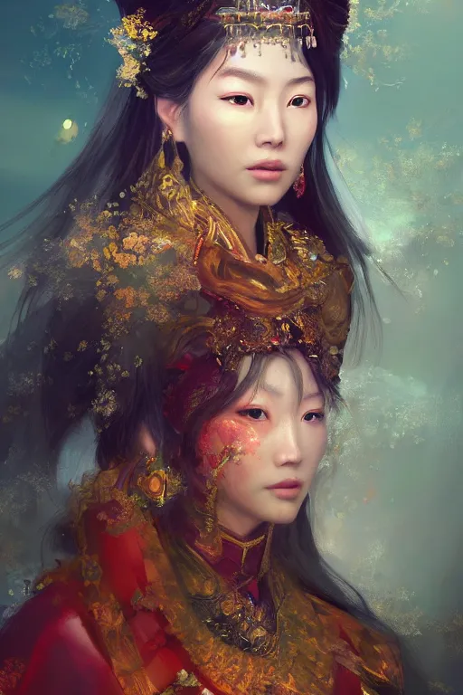 Prompt: chinese princess, portrait, gorgeous, intricate, elegant, volumetric lighting, scenery, digital painting, highly detailed, artstation, sharp focus, illustration, concept art, ruan jia, steve mccurry