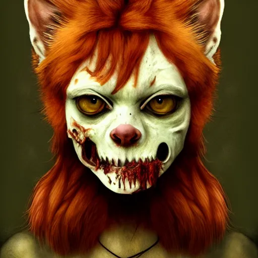 Image similar to color head portrait of ginger cat as a zombie, 7 days to die zombie, gritty background, fine art, award winning, intricate, elegant, sharp focus, cinematic lighting, digital painting, 8 k concept art, art by michael hussar, art by brom, art by guweiz and z. w. gu, 8 k