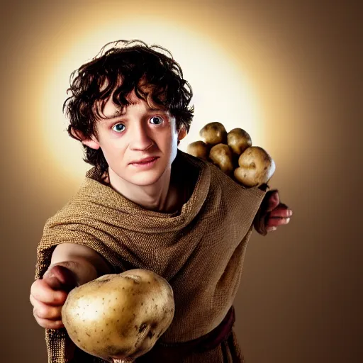 Image similar to frodo from lord of the rings in a burlap sack of potatoes, and the sack has many potatoes in it, photography, realistic, mid shot, in his hobbit home, cinematic lighting