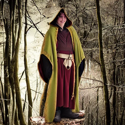 Image similar to medieval cloak wearing anthro lizard, photograph captured in the woods