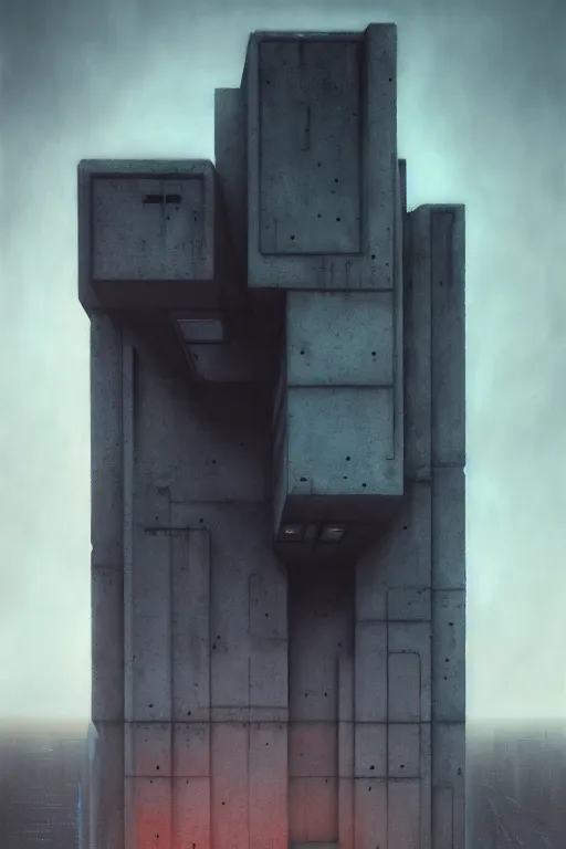 Prompt: sci - fi concrete brutalist architecture, rutkowski, zaha hadid, beksinski, oil painting, photoreal, highly detailed, 8 k, hd, vray, artstation, cinematic matte painting, soft pastl sunset, extreme detail photo quality, dark moody colors, featured on behance