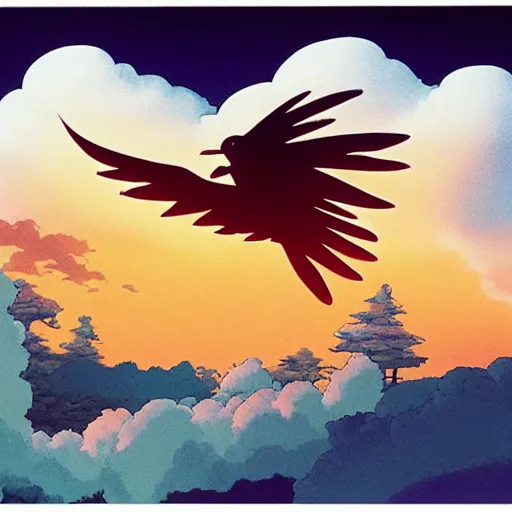 Image similar to studio ghibli art of a bird flying through a surreal sky, cotton clouds, river of wine, weird creatures, talking trees, at night, studio ghibli style