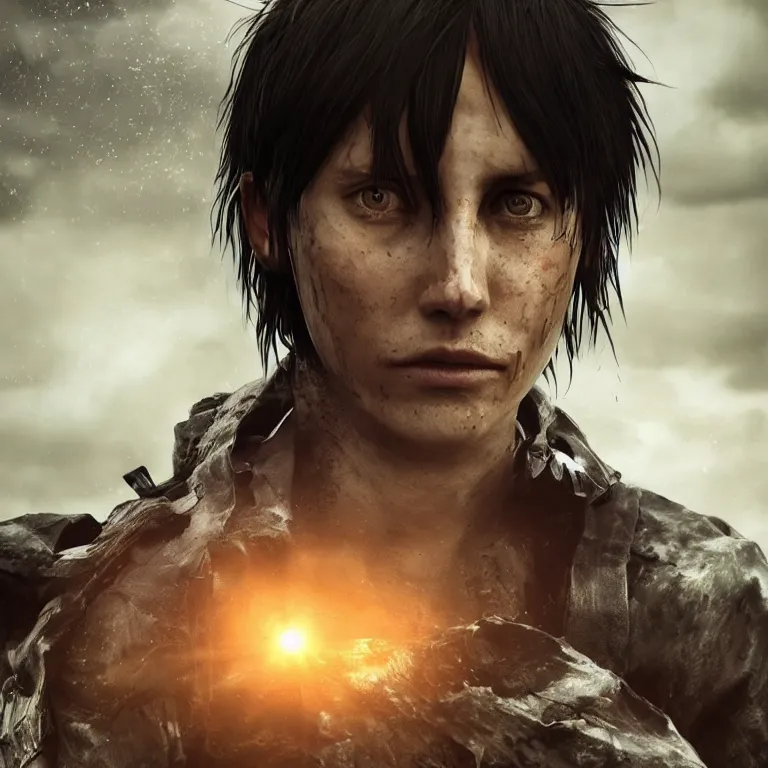 Prompt: eren yeager as a death stranding character, beautiful face, stunning, octane render 8 k hdr, redshift render, rule of thirds, cinematic lighting, rainy weather, melancholy atmosphere, sharp focus, backlit, smooth, hard focus, full body shot, instagram photo, shot on sony a 7 iii, hyper realistic, cinematic