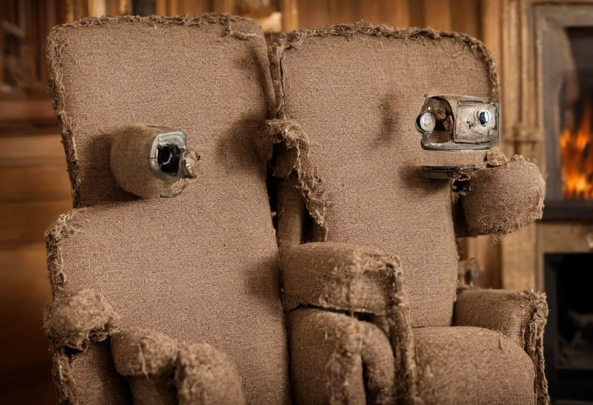 Image similar to An intimate extreme closeup photograph of one lonely robot sitting on a frayed recliner in front of a single beautiful fireplace in a Victorian home