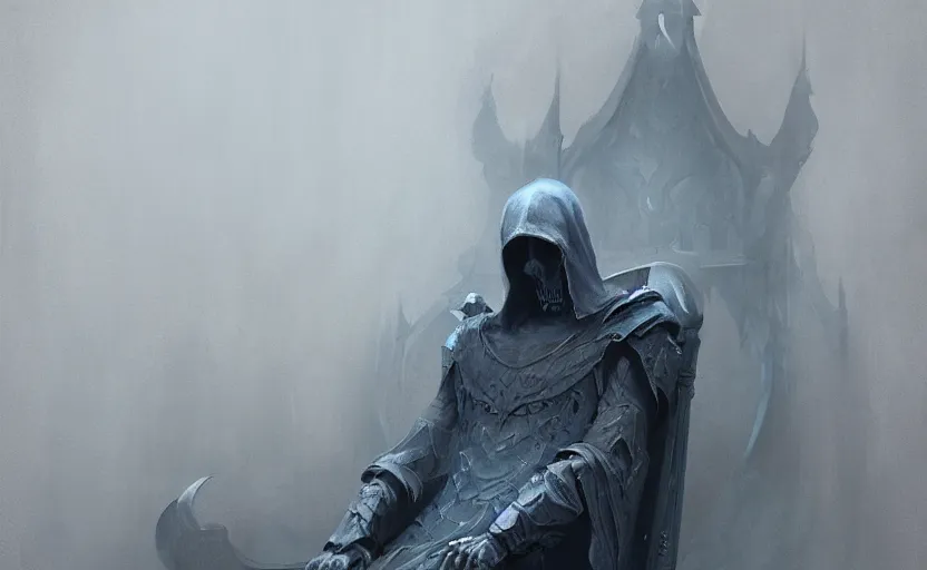 Prompt: the grim reaper sitting on a throne, soft grey and blue natural light, intricate, digital painting, artstation, concept art, smooth, sharp focus, illustration, art by greg rutkowski and luis rollo and uang guangjian and gil elvgren, symmetry!