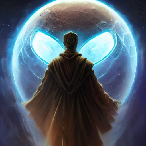 Image similar to creator of worlds wearing a cloak, masked, and holding a holographic planet projection in his hand, detailed, sci - fi, digital painting, artstation, sharp focus, illustration, ominous, artgerm, tomasz alen kopera, peter mohrbacher, donato giancola, joseph christian leyendecker, wlop, frank frazetta