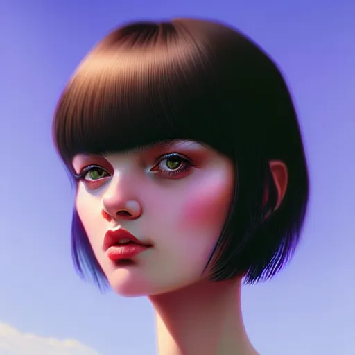 Prompt: close up a 🦚 face female portrait, 20 years old in a scenic environment by Ilya Kuvshinov