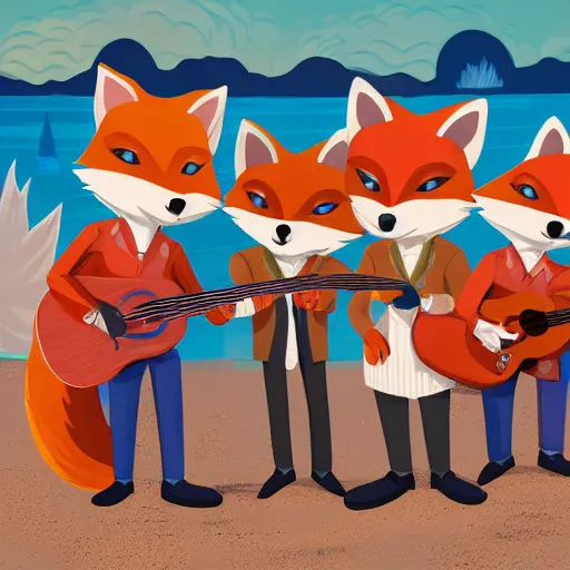 Prompt: music album cover, with anthropomorphic foxes animals dressed in suits, holding guitars, on a beach, all looking at camera, studio lighting, 8 5 mm f / 1. 4