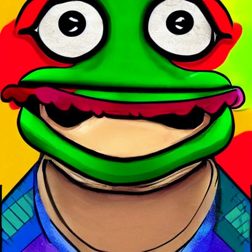 Image similar to A colorful pepe the frog clown, digital art, crazy, funny, stupid