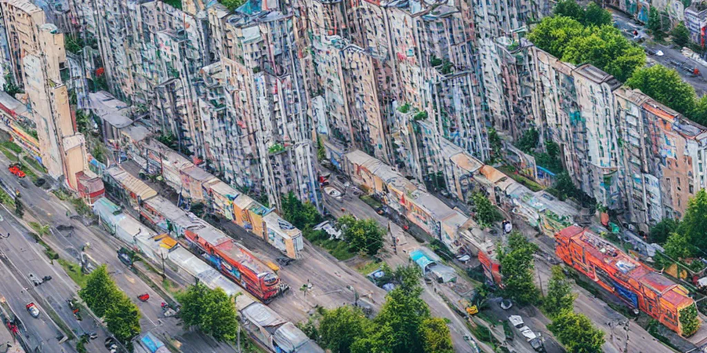 Image similar to bird's eye view photograph of a low income highrise geometric Russian city, apartments, train station, avenues. Square with a statue of leader