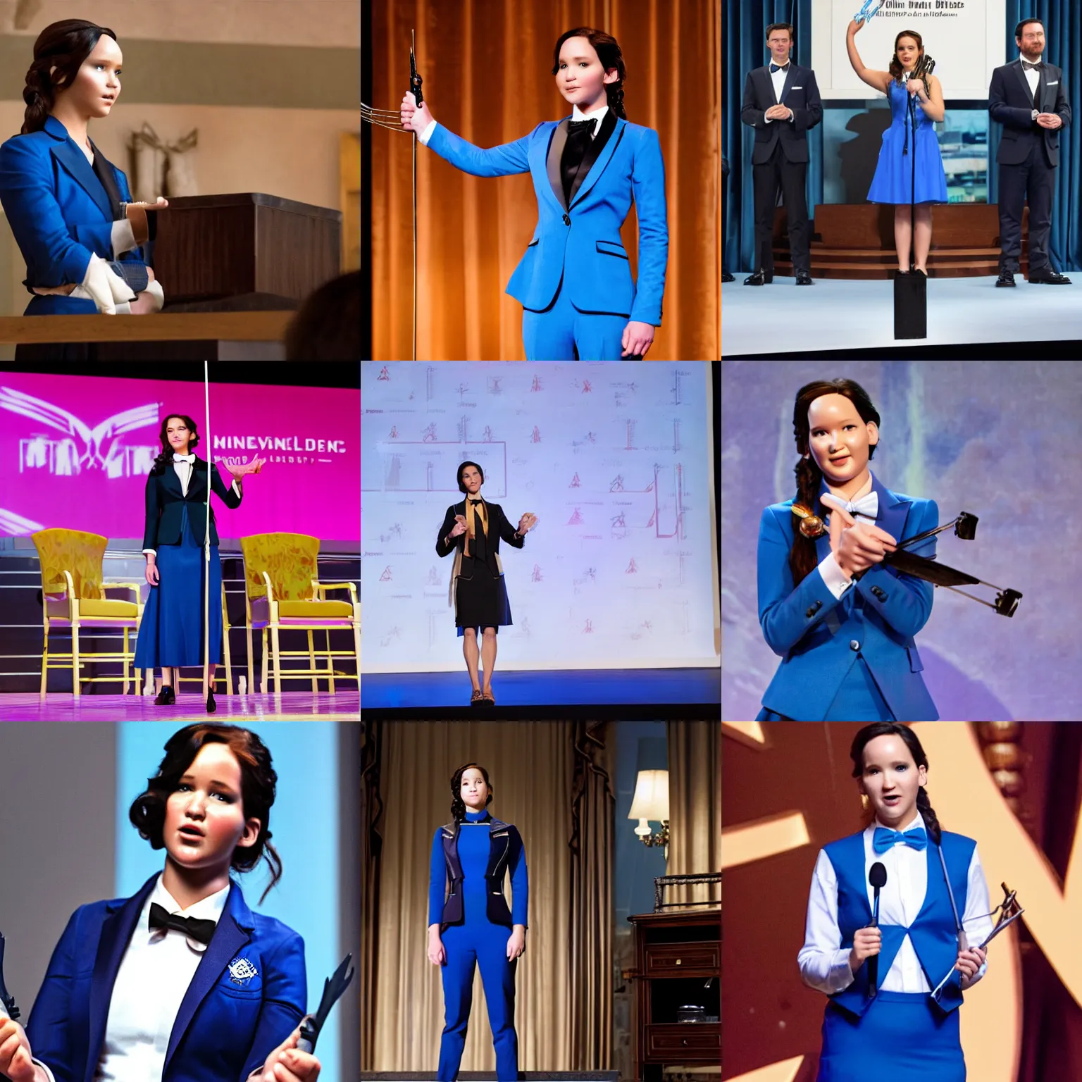 Prompt: Katniss Everdeen wearing a blue tuxedo, bow tie and skirt, as a billionaire CEO, presenting on stage