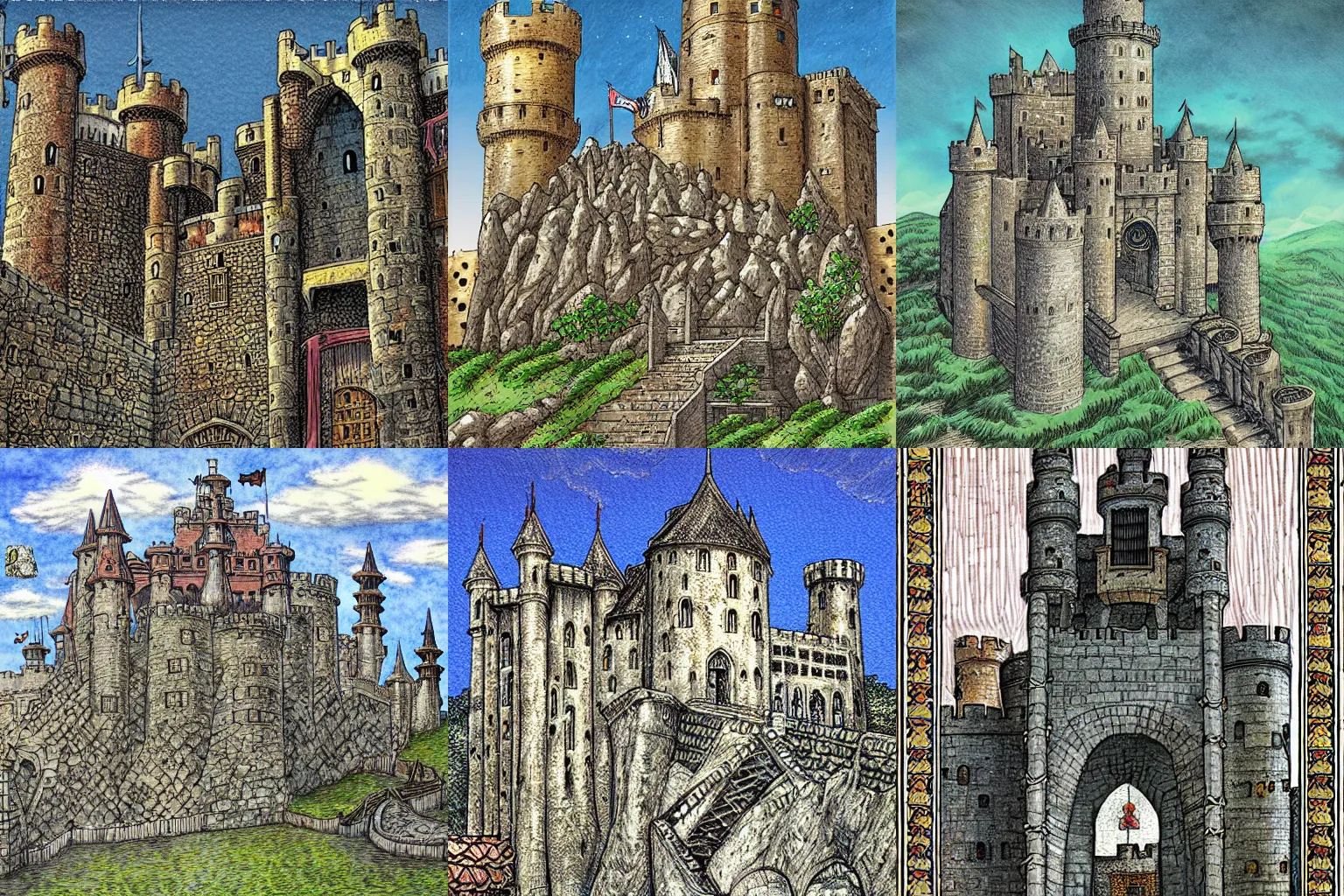 Prompt: medieval castle, colored, by Kentaro Miura