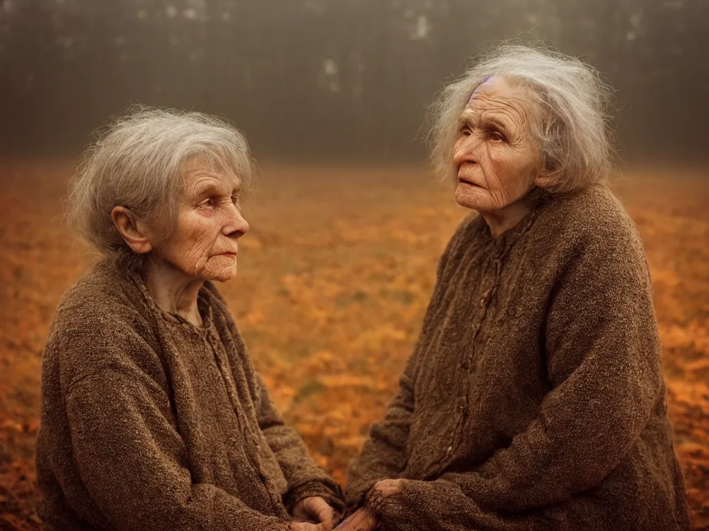 Prompt: medium shot portrait bust of old woman sitting on fence, tired expression, faded color film, russian cinema, tarkovsky, technicolor, heavy forest, wood cabin in distance, shallow depth of field, long brown hair, old clothing, heavy fog, brown color palette, sunset, low light, hudson river school, 4 k, dramatic lighting