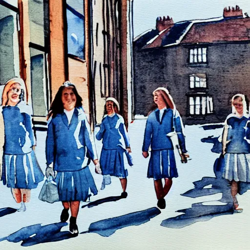 Prompt: teenage girls in blue school uniform walking through coventry city centre, 1 9 7 0 s, watercolour, smooth,
