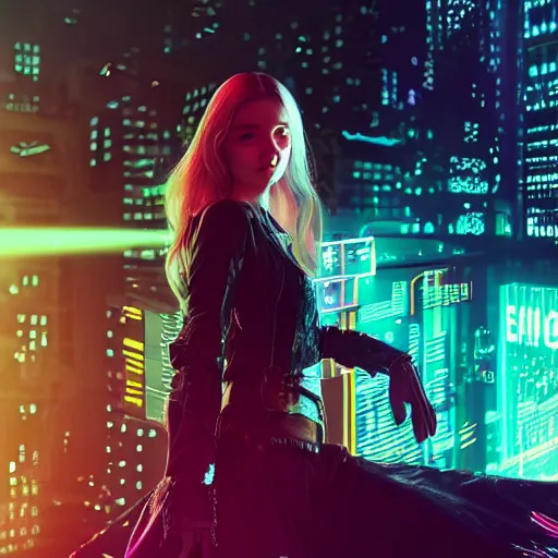 Image similar to a girl like (yoona, Elle Fanning), dancing, background cyberpunk city, kpop, fullshot, photo, volumetric lighting, epic composition, intricate details, dark neon punk, by KDA