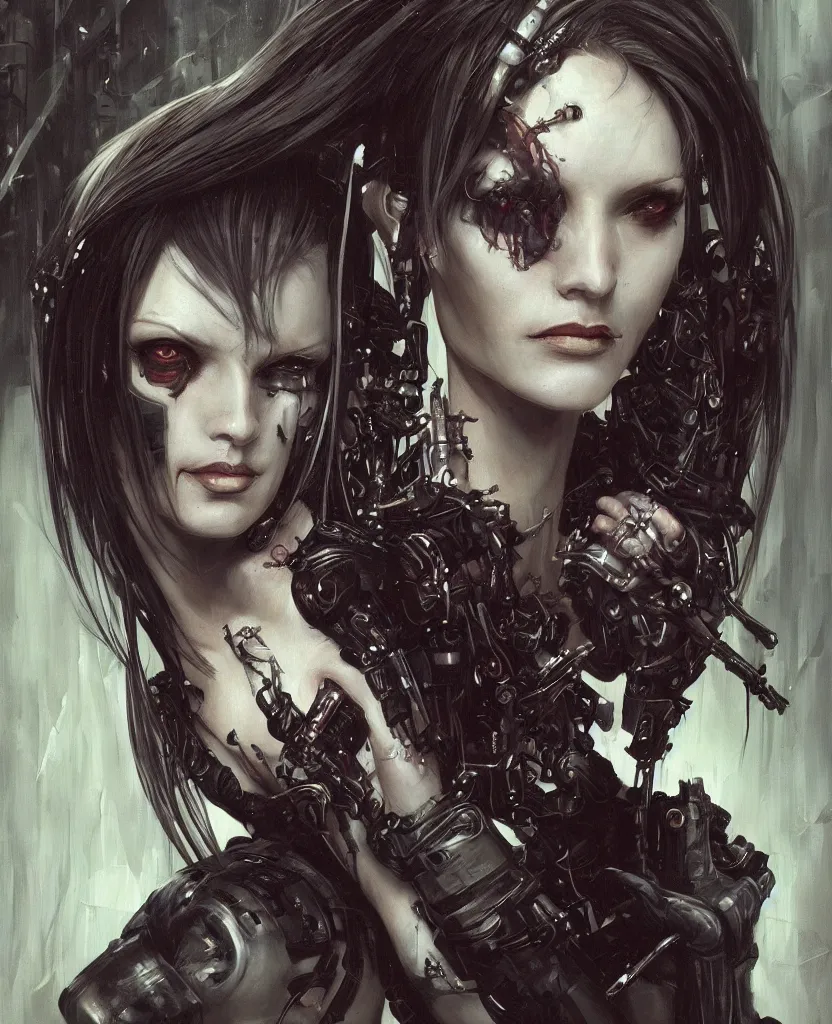 Prompt: a realistic portrait of a seductive cyberpunk woman, artstation contest winner, dark art, gerald brom, michael hussar, gothic, body horror, cronenberg