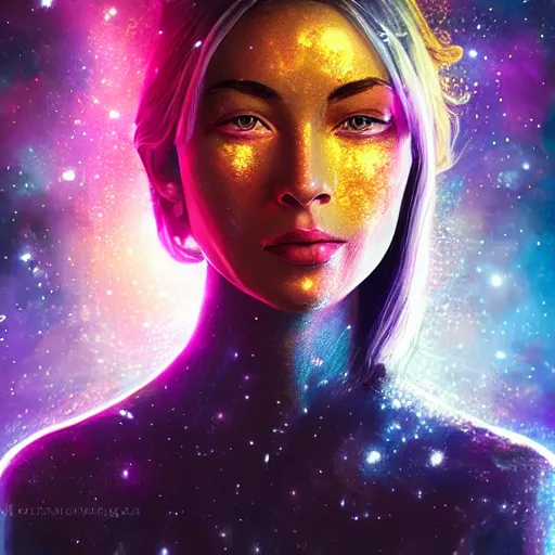 Prompt: woman portrait made out of galaxies floating in space, saturn, highly detailed, beautiful, realistic, comic book art, unreal engine, octane render, sharp focus, spaceship