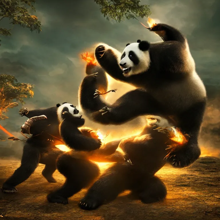 Image similar to Kong Fu Panda fighting a dragon , cinematic lighting, photorealistic image, 8k, ultra detailed, high resolution,