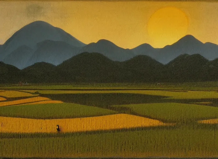 Image similar to painting of a rice paddy with two big mountains in the background, a wide asphalt road divides paddy field in the middle composition, big yellow sun rising between 2 mountains, old master masterpiece