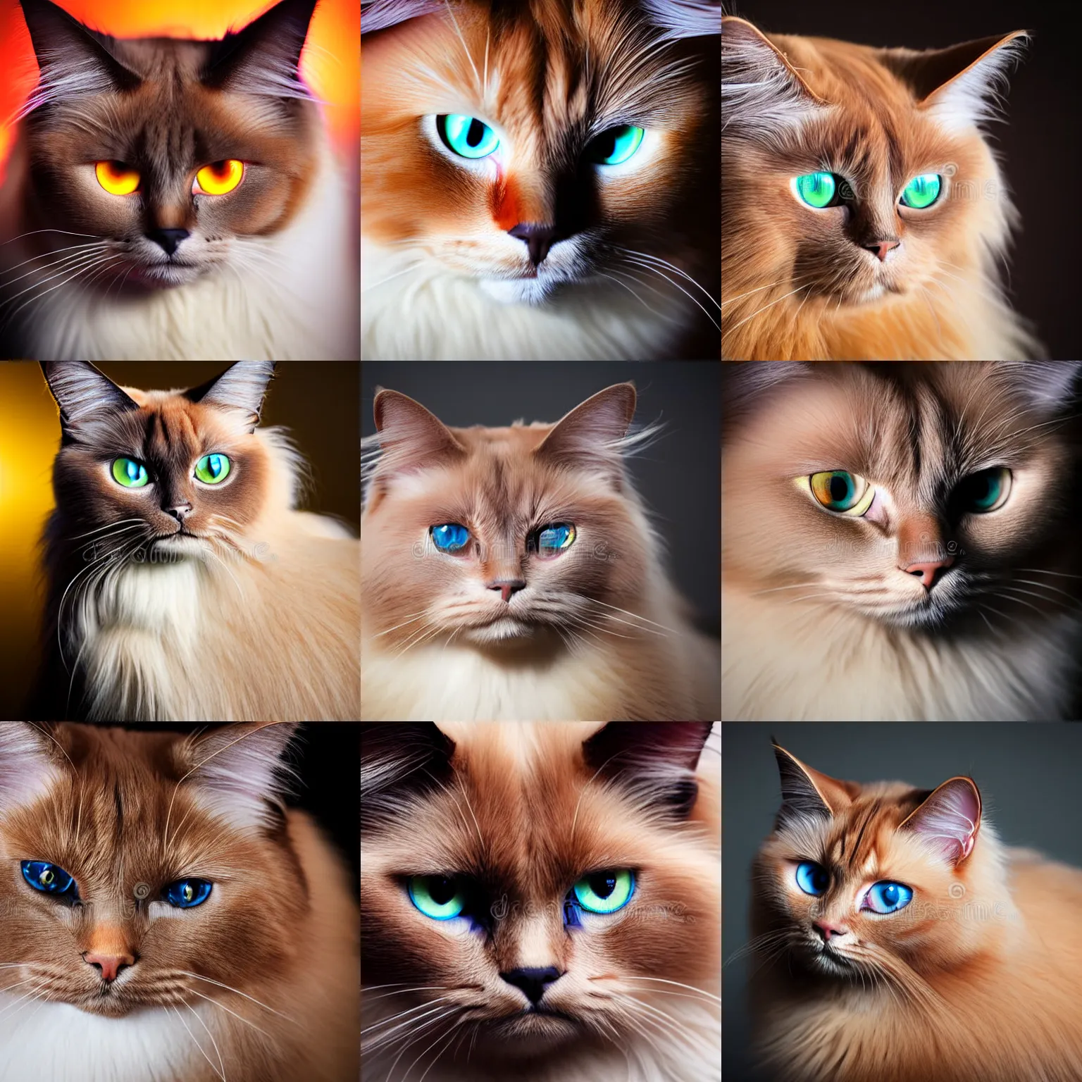 Prompt: studio photograph of a birman cat, with eyes of fire, warm brown colorpoints, hd, studio lighting, stock photo, longhaired, anatomically accurate