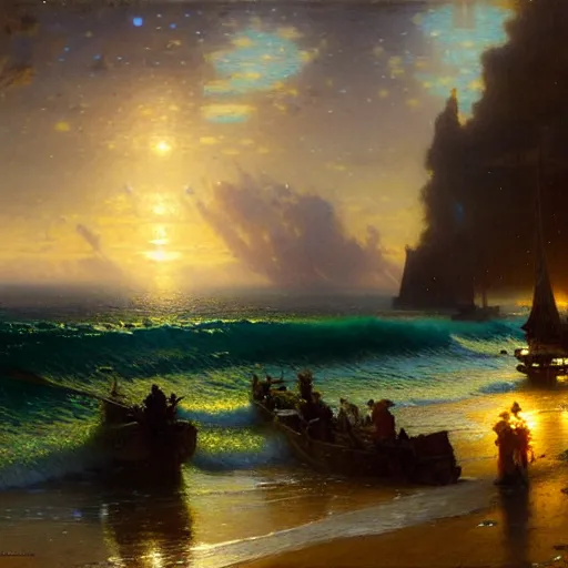 Image similar to point of view of botom of the ocean looking up, see fishes, the milk way, night time, midnight, no sunlight. highly detailed painting by gaston bussiere, greg rutkowski 8 k