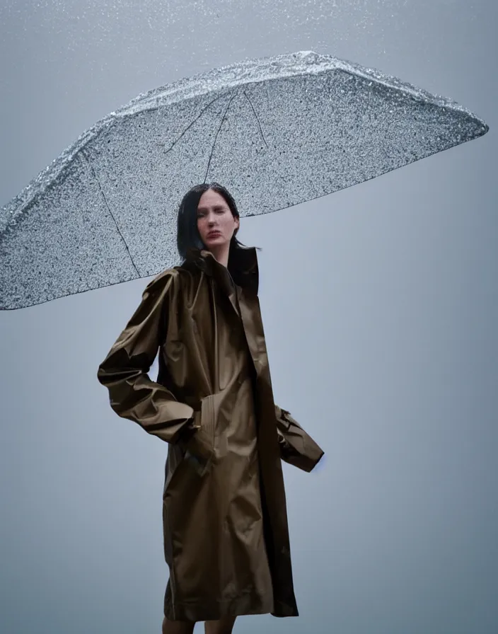 Image similar to close - up portrait of an empty slick fashionable zara raincoat floating suspended mid - air on a glittering wet rainy display designed by james turrell, wes anderson, lily frank, symmetry, rule of thirds