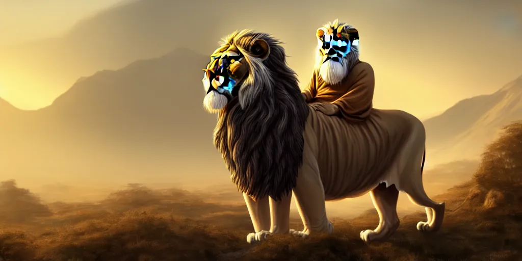 Image similar to hooded wise old man ( long white beard wearing a brown tunic ), riding majestically, on a beautiful lions back, epic digital art, cinematic, trending on artstation, superb detail 8 k, wide - angle, masterpiece