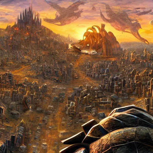 Prompt: Large Fantasy City perched atop a Giant tortoise stomping through the hot sunny desert, High detail, Dungeons and Dragons, Cityscape, 4k