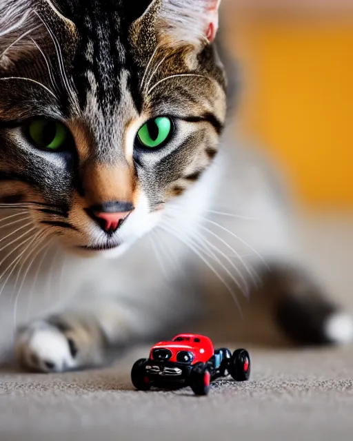 Prompt: high quality presentation photo of a cat biting a toy car, photography 4k, f1.8 anamorphic, bokeh, 4k, Canon, Nikon