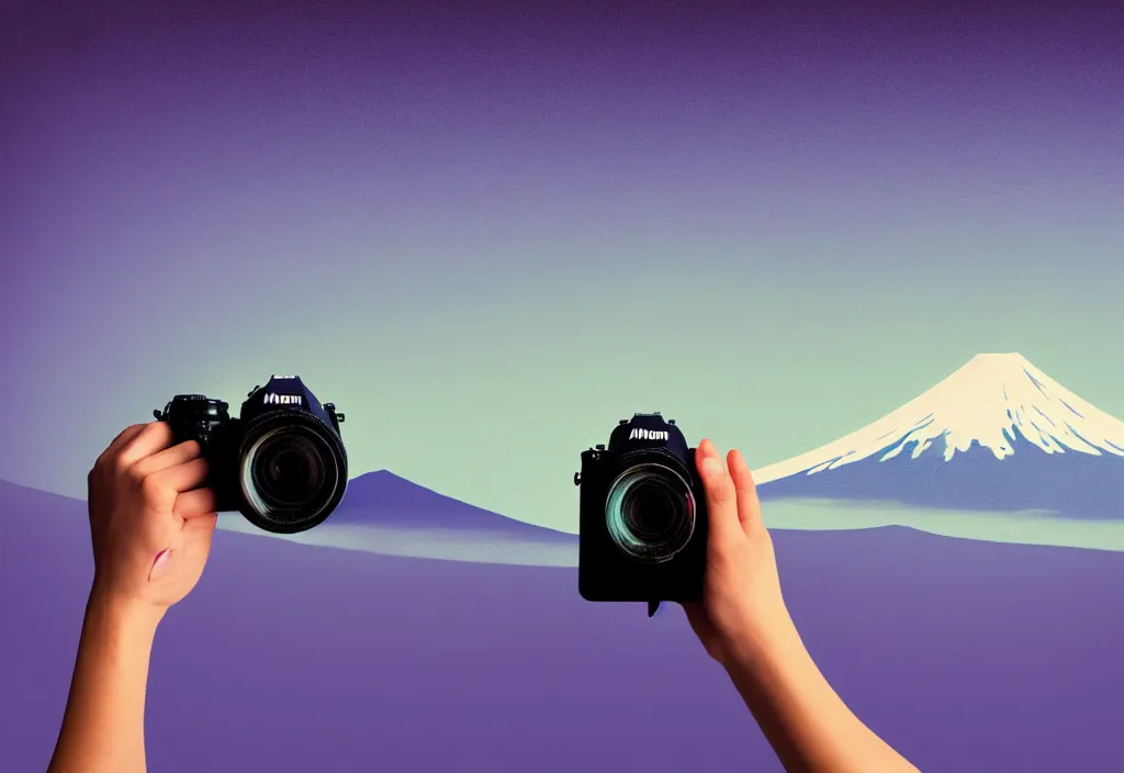 Prompt: first person view of a hand grasping a nikon dslr camera with mount fuji image in viewfinder, in the style of wes anderson, rene magritte, lola dupre, david hockney, isolated on white background, dark monochrome neon spraypaint accents octane render