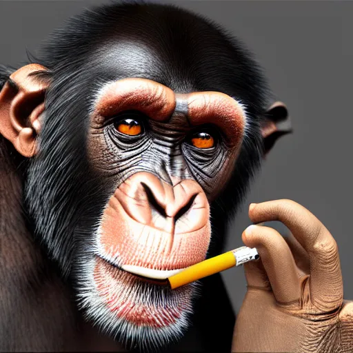 Image similar to a high detail shot of a chimp wearing a suit, smoking, render, cgsociety, photorealism