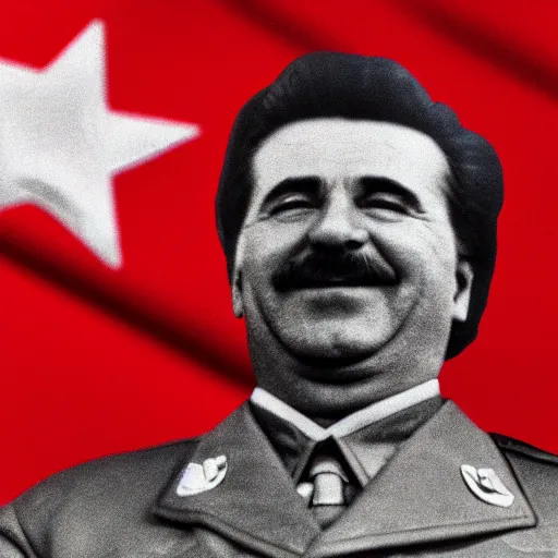 Prompt: hyper realist photograph of staline smiling with the ussr flag behind him, close up, face picture, 4 k, very detailed