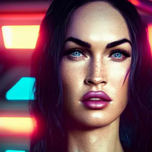 Prompt: Megan Fox portrait, ultra photorealistic, Cyberpunk 2077, neon, octane, bokeh, 8k