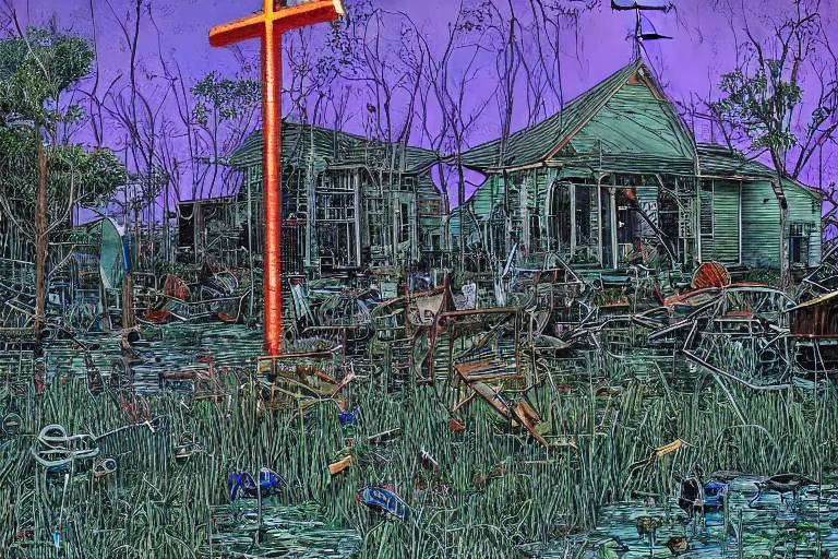 Image similar to scene fromlouisiana swamps, old protestant church with neon cross, junkyard by the road, boy scout troop, voodoo, artwork by jean giraud